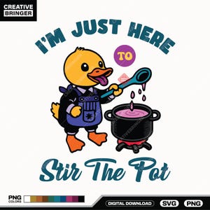 Może przedstawiać: Kreskówka przedstawiająca kaczora w stroju szefa kuchni, mieszającego różowy płyn w garnku niebieską łyżką. Tekst brzmi: „Jestem tu tylko po to, żeby mieszać w garnku”. Obraz ma zabawny, kapryśny design.