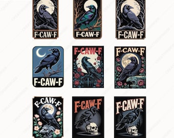 F Caw F PNG Set, 9 PNG Files, Trendy Black Raven Graphic Illustration.