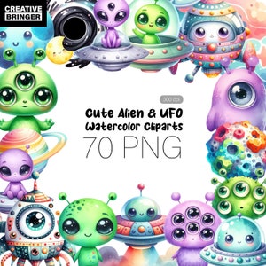 Könnte beinhalten: Ein Set mit 70 Aquarell-Clipart-Bildern mit niedlichen Alien- und UFO-Charakteren. Die Bilder beinhalten grüne, lila und blaue Aliens mit großen Augen, fliegende Untertassen und Planeten. Die Bilder sind perfekt, um Ihren Projekten eine lustige und fantasievolle Note zu verleihen.