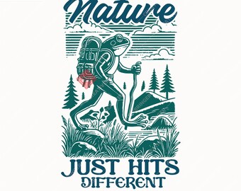 Nature Just Hits Different SVG+PNG, Funny Retro Vintage Hiking Frog Design For T-Shirt And More.