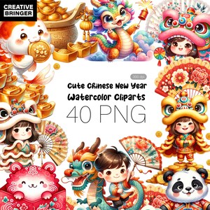 Puede incluir: Un conjunto de 40 imágenes de clipart de acuarela con personajes y símbolos del Año Nuevo chino. Las imágenes incluyen un dragón, una danza del león, un panda y otros elementos tradicionales. Las imágenes son perfectas para agregar un toque festivo a tus proyectos.