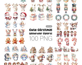 Cute Christmas Watercolor Cliparts , 100 PNG Christmas Cliparts, Fantasy Cliparts, Winter Holiday Elements, Commercial Use.