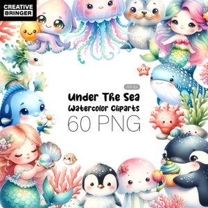 Süß unter dem Meer Aquarell Cliparts Bundle, 60 PNG, Kinderzimmer Dekor, Baby Cliparts, süße Meer und Ozeantiere für Kinder, kommerzielle Nutzung.