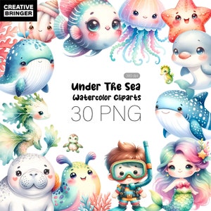 Niedliche Aquarell Cliparts Bundle, 30 PNG, Kinderzimmer Dekor, Baby Cliparts, niedliche Meer und Ozean Tiere für Kinder, kommerzielle Nutzung.