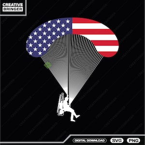 May include: A digital graphic of a person paragliding with a parachute featuring the American flag design. The parachute is red, white, and blue. The background is black, and the image includes the text "DIGITAL DOWNLOAD SVG PNG".