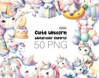 May include: A set of 50 watercolour clipart images featuring cute unicorns in various poses and settings. The unicorns are depicted in pastel colours with rainbows, clouds, stars, and other whimsical elements. The text "Cute Unicorn Watercolor Cliparts 50 PNG" is included in the image.