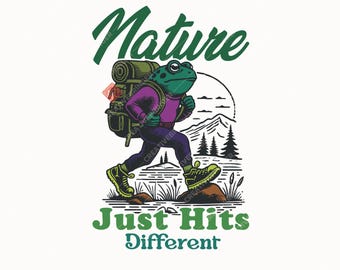 Nature Just Hits Different SVG+PNG, Funny Retro Hiking Frog Design For T-Shirt And More.