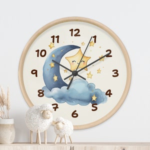 Moon And Stars Clock For Nursery, Wall Clock Nursery, Baby Shower Gift Idea, Nursery Decor, Boys Nursery Decor, C1-2