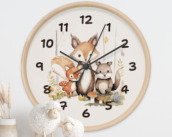 Woodland Nursery Wall Clock, Kids Clock, Woodland Theme Decor, Fox, Nursery Decor Gift, Gender Nutural Kids Gift, C1-19