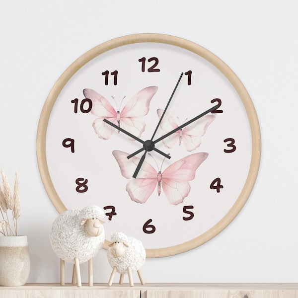 Pépinière d’horloge murale papillon, décor pour chambre d’enfant de filles, horloge murale de chambre d’enfant, cadeaux pour bébé fille, design minimaliste, décor rose pastel, C1-21