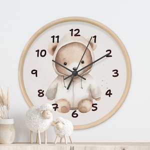 Nutural Nursery Wall Clock, Teddy Bear Clock, Cute Teddy Decor, Kids Clock, Woodland Nursery, Woodland Nursery Wall Clock, Baby Gift, C1-7