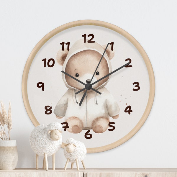 Horloge murale de pépinière naturelle, horloge d’ours en peluche, décor de nounours mignon, horloge pour enfants, pépinière boisée, horloge murale de pépinière boisée, cadeau de bébé, C1-7