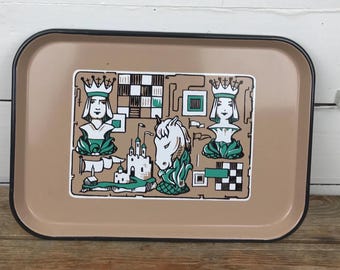 Vintage ING-RICH Tray Porcelain Painted Enamel Chess Pieces King Queen Rook RARE