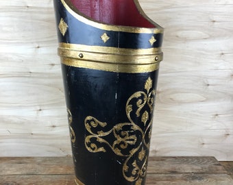 Vintage Florentia Black and Red Gilded Wood Umbrella Stand - Hollywood Regency Style