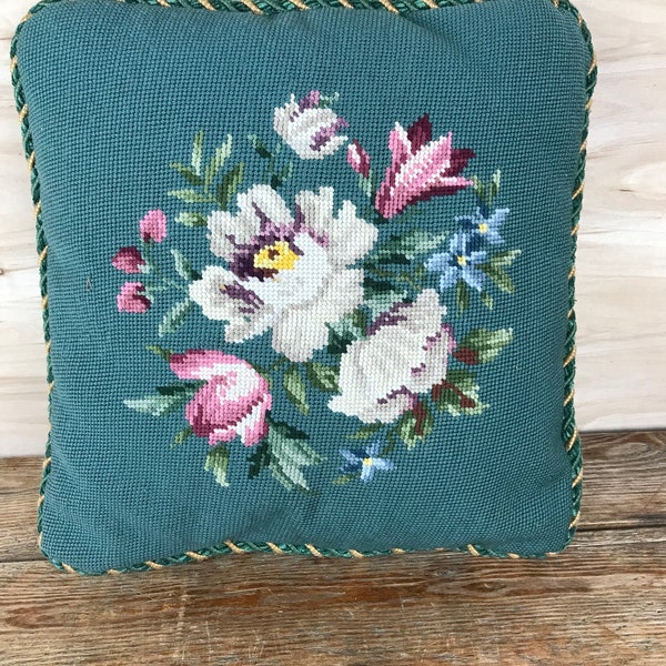 Vintage Floral Needlepoint Accent Pillow - Green Plush Backing - Stitched Flowers 15x15"