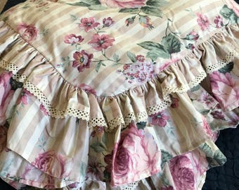 Vtg Ruffled Floral Comforter + Bedskirt Twin Pink Roses Stripe Reversible Penney