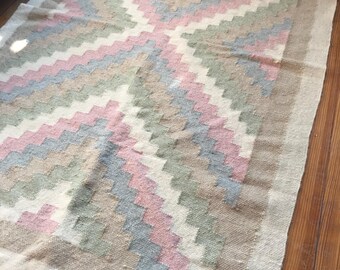 Vtg Wool Aztec Southwestern Rug Wall Hanging Flat Weave Cottagecore Neutral