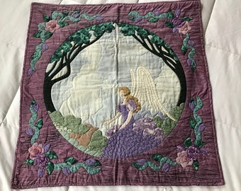 Handmade Quilt Wall Hanging Angel/Fairy - Purple/Pink Patchwork Fantasy Woodland Fiber Art Tapestry