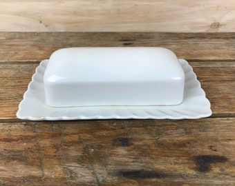 Antique J&G Meakin Classic White Ironstone Butter Dish w Lid - Stained, Pretty, Vintage