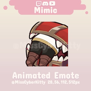 Puede incluir: Emoticono animado de Twitch que representa un cofre rojo y dorado con una boca llena de dientes, mordiendo las piernas de una persona. El emoticono tiene 28 píxeles de ancho, 56 píxeles de alto, 112 píxeles de ancho y 512 píxeles de alto.