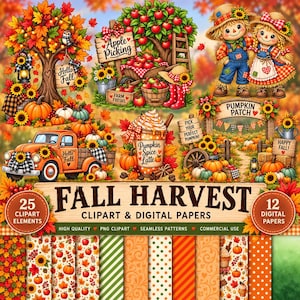 Puede incluir: Una colección digital de imágenes prediseñadas con temática otoñal que incluye un árbol con hojas de temporada, una escena de recolección de manzanas, dos espantapájaros, un camión naranja, un café de calabaza y un huerto de calabazas.