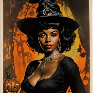 Halloween - Urzekający plakat z afroamerykańską czarownicą z lat 60. XX wieku nr 1 - Straszny, makabryczny, horror - Pobieranie cyfrowe (na karty, plakaty itp.)