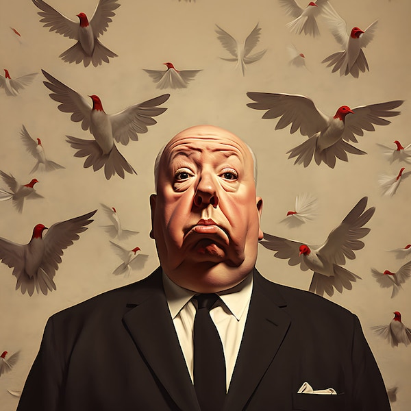 Alfred Hitchcock Master of suspense - Poster featuring flock of birds! - vintage 1960s -DIGITAL DOWNLOAD