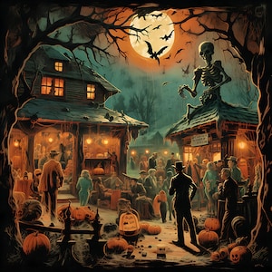 Otoño de Halloween - Fiesta en la casa encantada Imagen vintage - Calabazas, espeluznante, luna llena, DESCARGA DIGITAL ideal para carteles, marcos, tarjetas