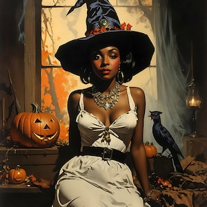 Halloween - Ammaliante poster della strega afroamericana degli anni '60 n. 2 - Spettrale, vintage macabro, horror- Download digitale - (per cartoline, poster, ecc.)