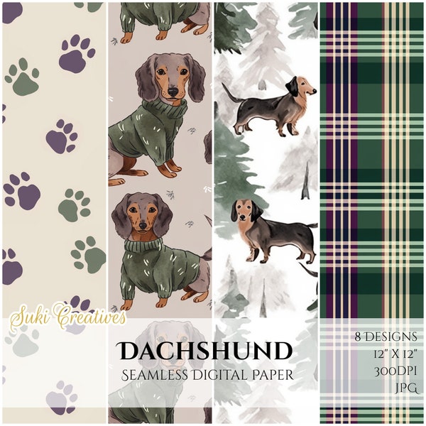 Dachshund | 8 Seamless Designs - Digital Papers | Card Making, Scrapbook, Junk Journal | Free Commercial Use