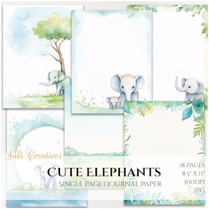 Elefante carino / 18 pagine singole / Formato lettera USA - 8,5 x 11 / Carta digitale / Scrapbook, Pagine di diario spazzatura / Uso commerciale gratuito