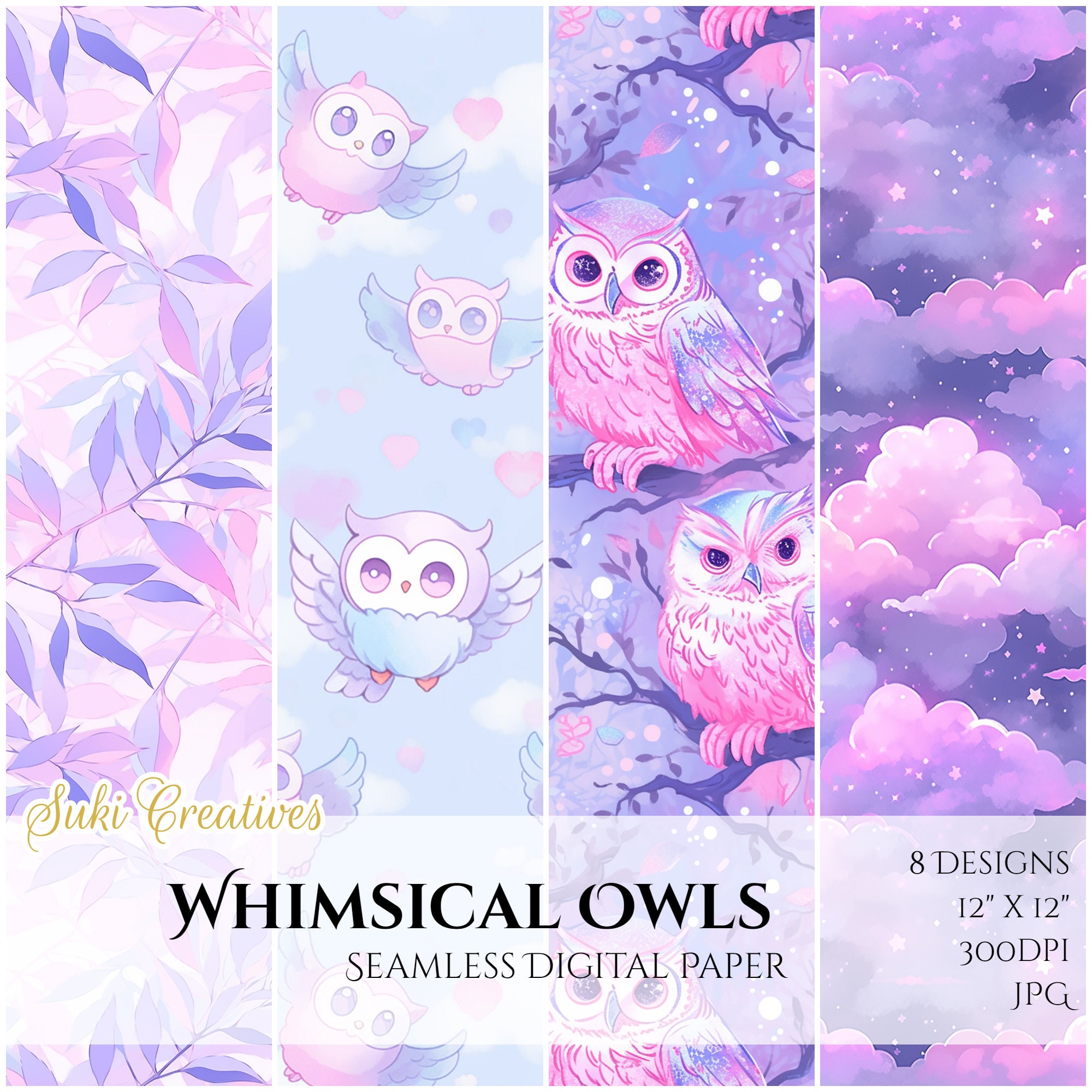 Whimsical Owls | 8 Seamless Designs - Digital Papers | Card Making, Scrapbook, Junk Journal | Free C