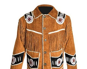 Handmade Women  Golden Brown Suede Leather Jacket Fringed & Beaded - American Native