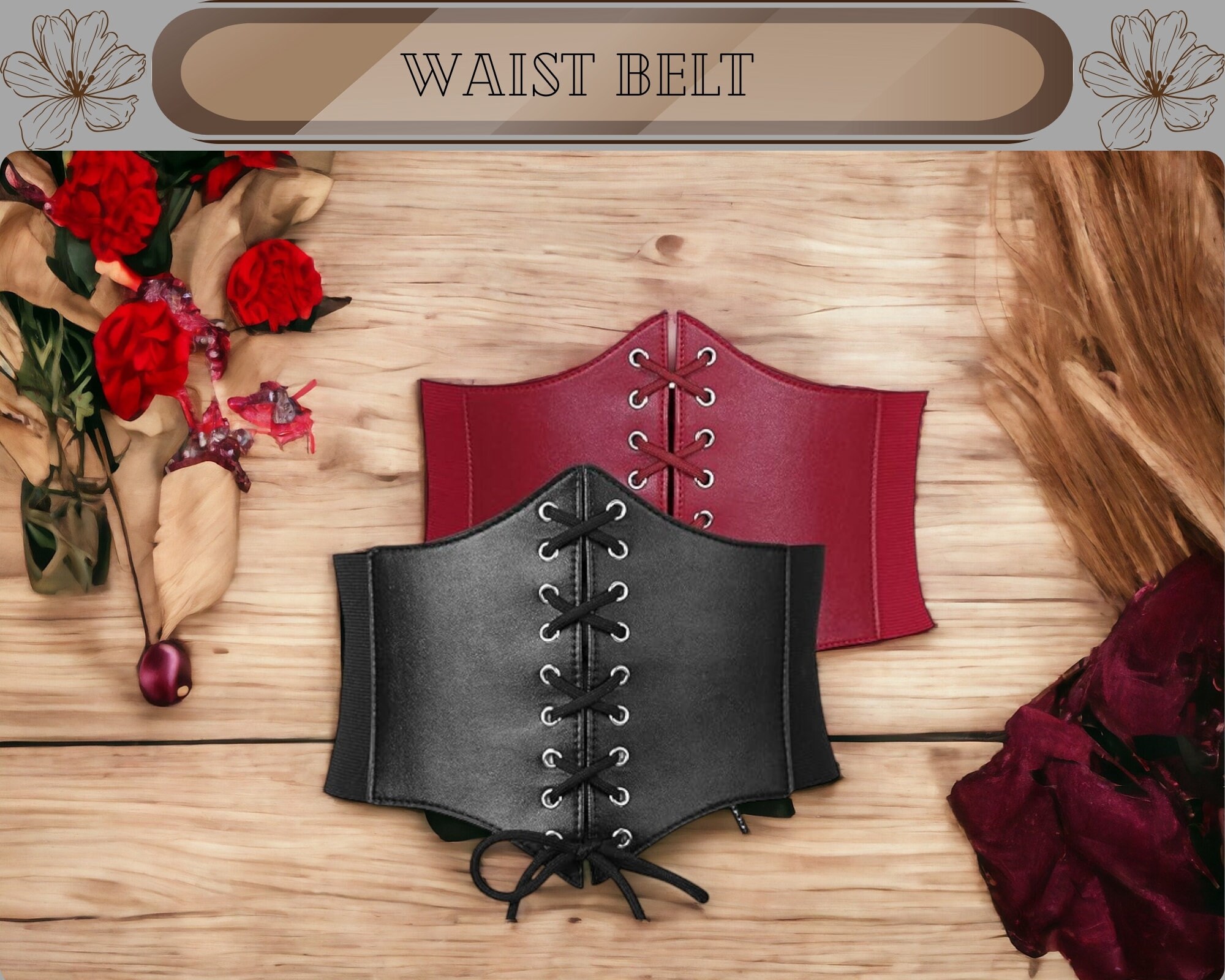 Leather Corset Belt for Dress, Brown Waist Belt With Studs, Plus
