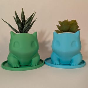 Op de afbeelding: Twee keramische potten in de vorm van een Pokemon-personage, een groene en een blauwe, elk met een vetplant.