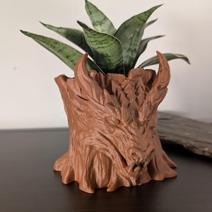 Op de afbeelding: Bruine, op een draak geïnspireerde bloempot met een slangplant. De pot heeft een gedetailleerd, gestructureerd ontwerp dat lijkt op een boomstronk met een drakensnoet. De slangplant heeft groen-grijze gestreepte bladeren.