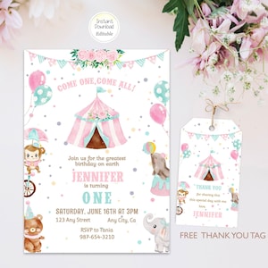 Editable Circus Birthday Pink Invitation Carnival Party Invite Thank You Favor Tag Set Template Instant Download Printable image 1