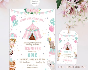 Editable Circus Birthday Pink Invitation Carnival Party Invite Thank You Favor Tag Set Template Instant Download Printable