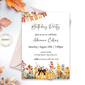 Invitación de cumpleaños de otoño, plantilla editable de invitación de fiesta de cumpleaños de calabaza de otoño floral, personalizada, edad digital, descarga instantánea, imprimible