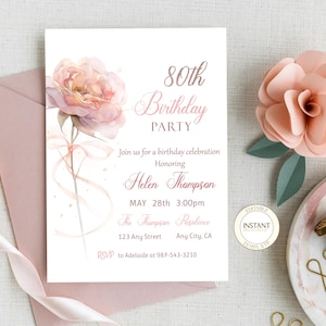 Invito modificabile floreale per l'80° compleanno, modello di invito personalizzato per la festa di compleanno con fiori rosa e oro rosa, modello di invito stampabile per download digitale istantaneo