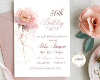 May include: An 80th birthday party invitation with a watercolor illustration of a pink rose with a pink ribbon. The text reads "80th Birthday Party", "Join us for a birthday celebration Honoring Helen Thompson", "May 28th 3:00pm", "The Thompson Residence", "123 Any Street Any City, CA", "RSVP to Adelaide at 987-543-3210".