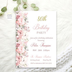 Invito floreale modificabile per l'80° compleanno, invito per festa di compleanno floreale rosa cipria, invito per qualsiasi età, modello digitale stampabile scaricabile immediatamente.