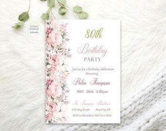 80th Birthday Floral Editable Invitation Blush Pink Floral Birthday Party Any Age Invite Instant Digital Download Printable Template