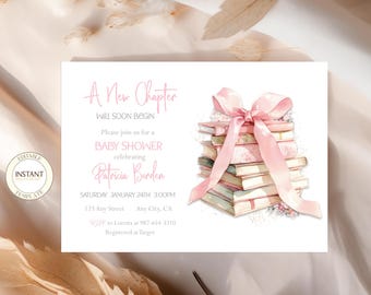 May include: A rectangular baby shower invitation card featuring the text A New Chapter Will Soon Begin, Please join us for a baby shower celebrating Patricia Borden, Saturday January 24th 3:00PM, 123 Any Street, Any City, CA, RSVP to Loretta at 987-654-3210, Registered at Target, and a watercolor illustration of a stack of books tied with a large pink ribbon.