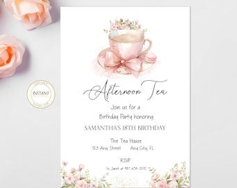 May include: A pink and white teacup with a pink bow and a macaron on a saucer. The teacup is surrounded by pink flowers. The text "Afternoon Tea" is written in cursive above the teacup. The text "Join us for a Birthday Party honoring SAMANTHA'S 18TH BIRTHDAY" is written below the teacup. The text "The Tea House 123 Any Street Any City, FL RSVP to Janet at 487-654-3210" is written below the text about Samantha's birthday.