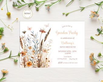 May include: A rectangular invitation card featuring a watercolor illustration of wildflowers, grasses, and two butterflies on the left side. The text reads: Join us for a Garden Party in celebration of Brittany's 50TH BIRTHDAY SATURDAY APRIL 20TH 5.00PM.