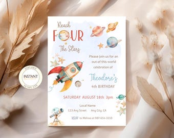 May include: A blue and white invitation with a rocket ship, stars, and planets. The text reads "Reach Four The Stars" and "Theodore's 4th Birthday".