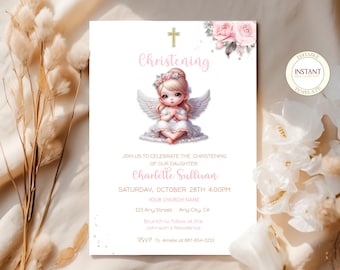 Convite de Batizado para Menina - Editável - Convite para Batizado de Bebê - Anjinho - Modelo Digital para Download Instantâneo e Impressão