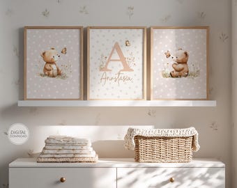 Teddy Bear Nursery Set of 3 Prints Personalized Name Wall Art Neutral Wildflower Baby Room Decor Printable Kids Wall Art Digital Download