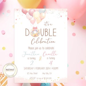 Double Celebration Editable Invitation Sibling Birthday Donut Sweet Party Invite Template Digital Download Printable